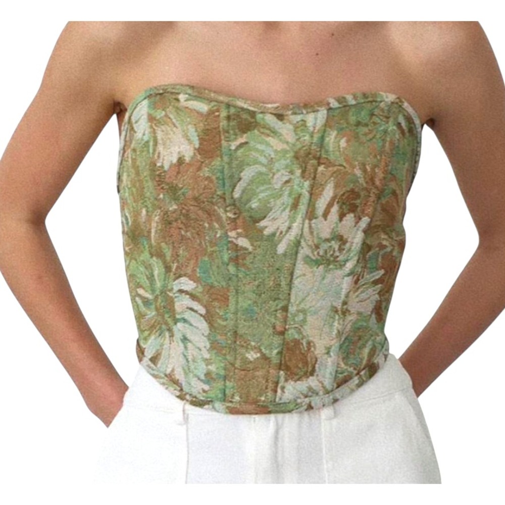 TIC TOC Cream/Green FLORAL TAPESTRY Corset Bustier Top STRAPLESS Lace-Up Back M